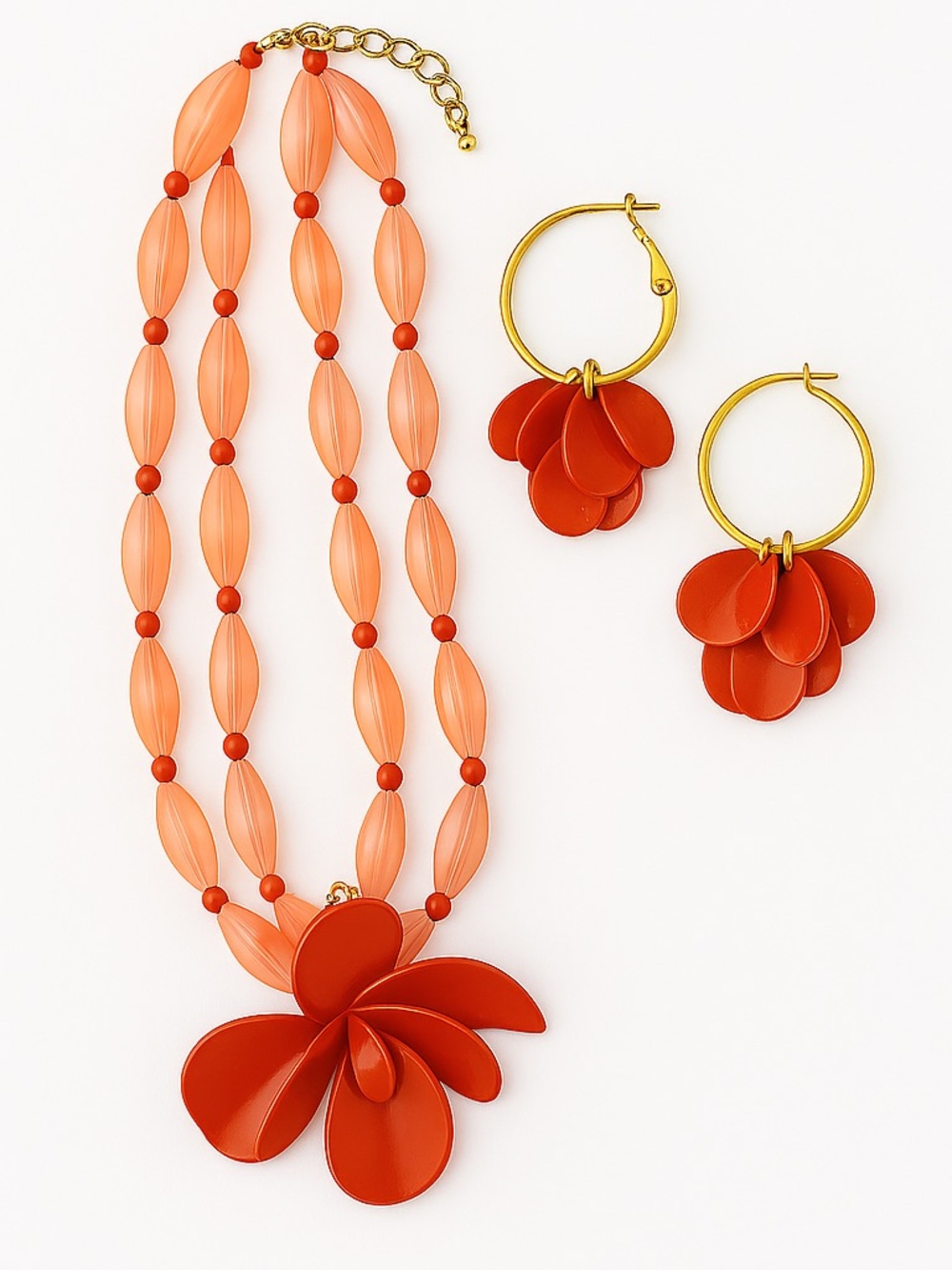Bold Red & Peach Floral Statement Necklace & Hoop Earrings Set